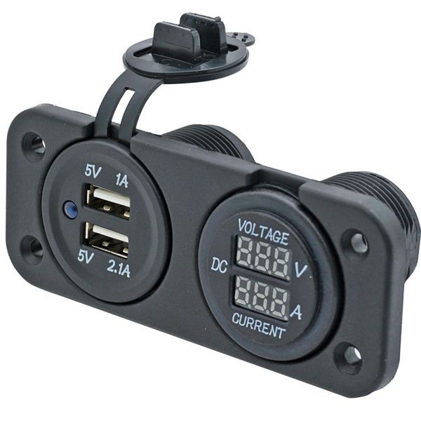 1852 USB Steckdose Eingang 12V Ausgang 5V 2,1A und 5V 1A mit Volt- und Amperemeter